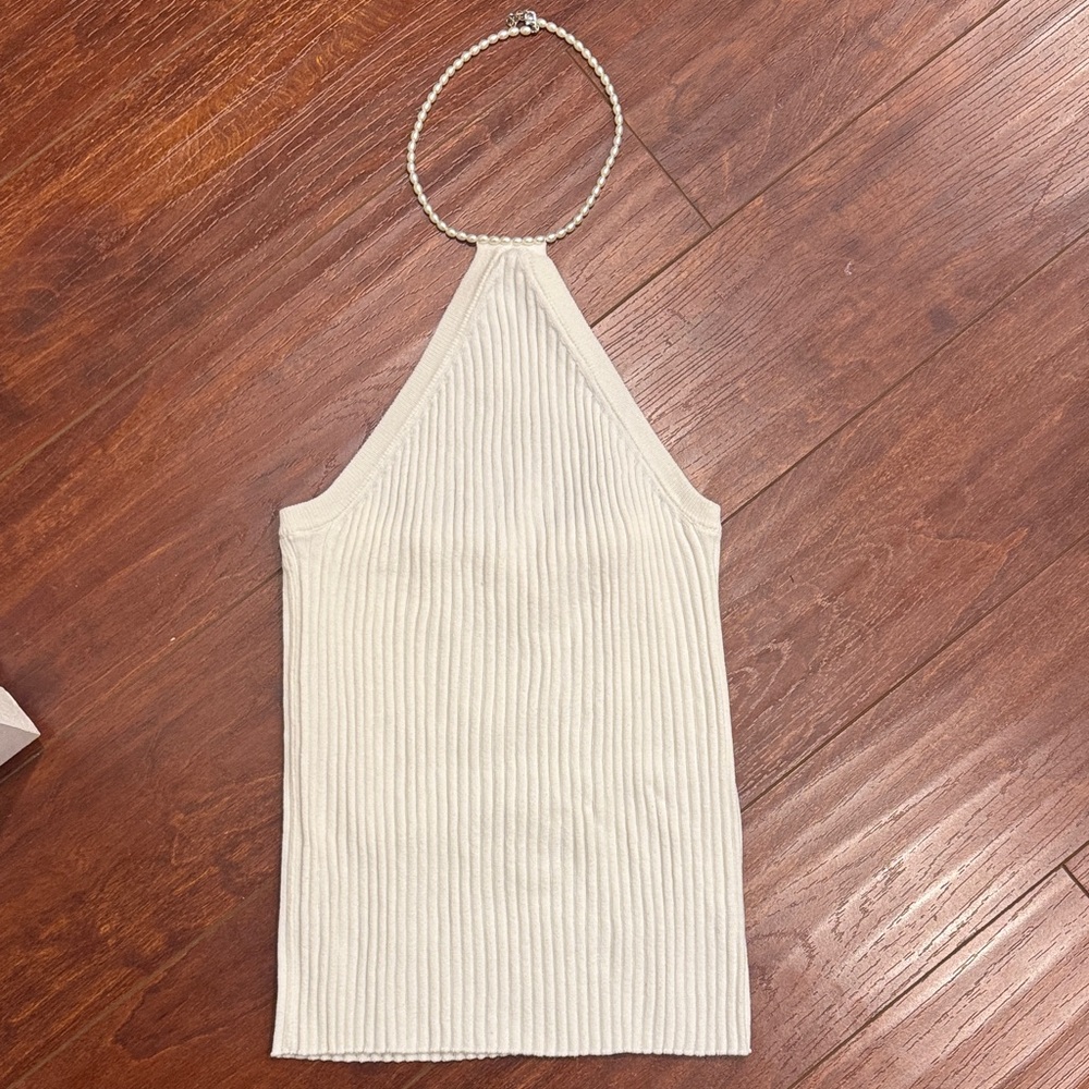 Cream Ribbed Pearl Halter Top
